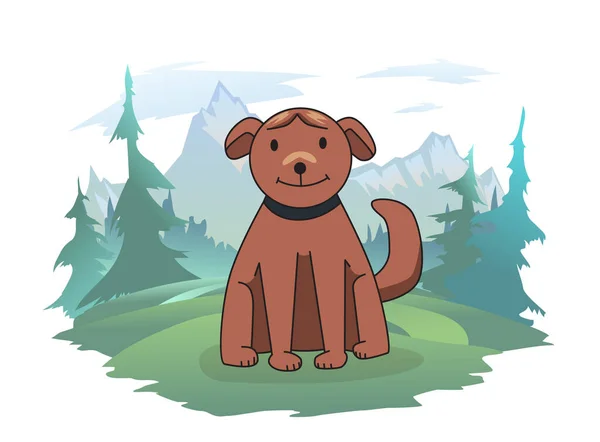 Un perro feliz en un césped del bosque. Paisaje de montaña en el fondo. Ilustración vectorial, aislada en blanco. — Vector de stock