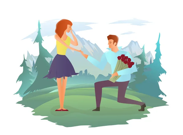 Pareja joven enamorada. Hombre y mujer en una cita romántica en el paisaje de montaña. Un hombre con flores hace de una mujer una oferta de matrimonio. Ilustración vectorial aislada en blanco. — Vector de stock