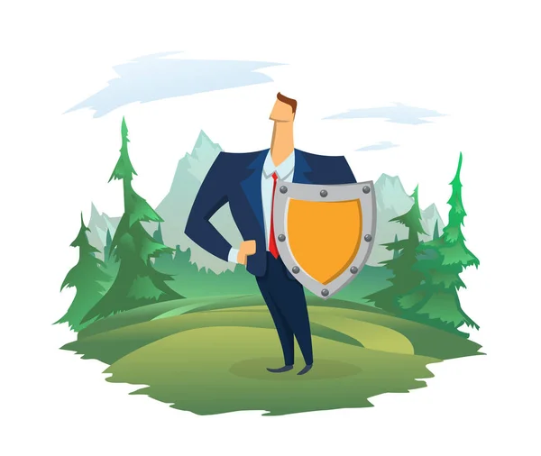 Un uomo con uno scudo sullo sfondo di una foresta e un paesaggio montano. Responsabilità sociale e ambientale delle imprese, sostenibilità. Illustrazione vettoriale concettuale isolata su bianco. — Vettoriale Stock