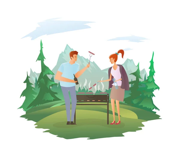 Young couple on picnic or Bbq party in mountain landscape. Man and woman cooking steaks and sausages on grill. Vector illustration, isolated on white. — Stock Vector