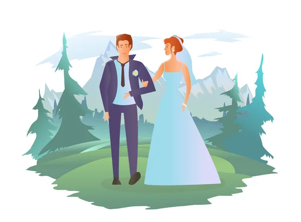 Pareja joven enamorada. Hombre y mujer en la ceremonia de boda en el paisaje de montaña de verano. Ilustración vectorial aislada en blanco. — Vector de stock