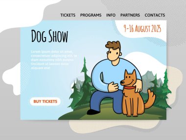 Köpek gösterisi, sergi ya da köpek eğitimi kursları. Bir dağ manzarasının arka planında köpeği olan genç bir adam. Web sayfası başlığı, afiş veya posterinin tasarım şablonu, vektör ilülasyonu.