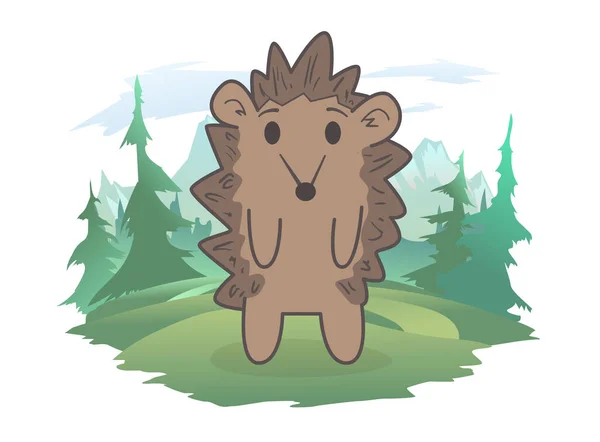 A cute hedgehog standing on a forest lawn, a mountain landscape in the background. Vector illustration, isolated on white. — Stock Vector