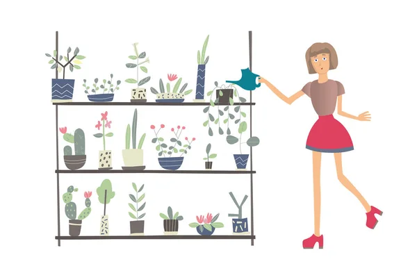 Ung kvinna tar hand om krukväxter. Sköta inomhusväxter, hobby. En florist eller en kund i en blomsteraffär. Vektorillustration. — Stock vektor