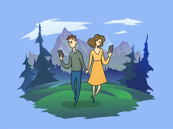 Casal jovem de mãos dadas e usando seus telefones enquanto caminham juntos na natureza. Pessoas viciadas em redes e gastando tempo na internet. Ilustração de conceito, isolado em azul. —  Vetores de Stock