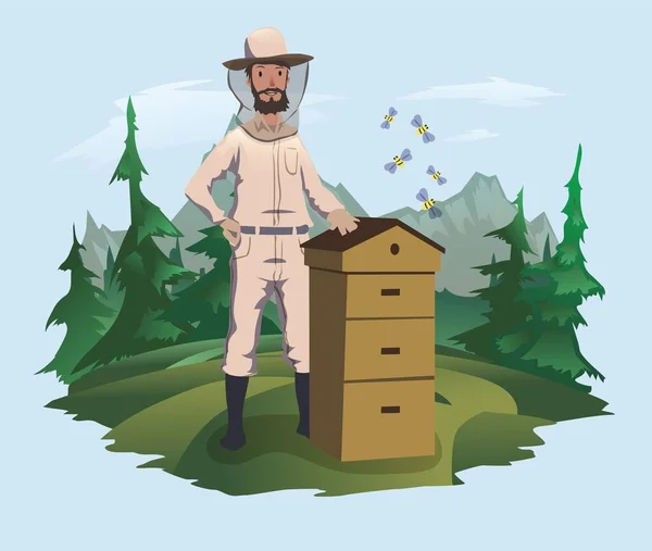 Včelař stojí vedle úlu. Horská krajina v pozadí. Produkce medu, vektorová ilustrace. — Stockový vektor