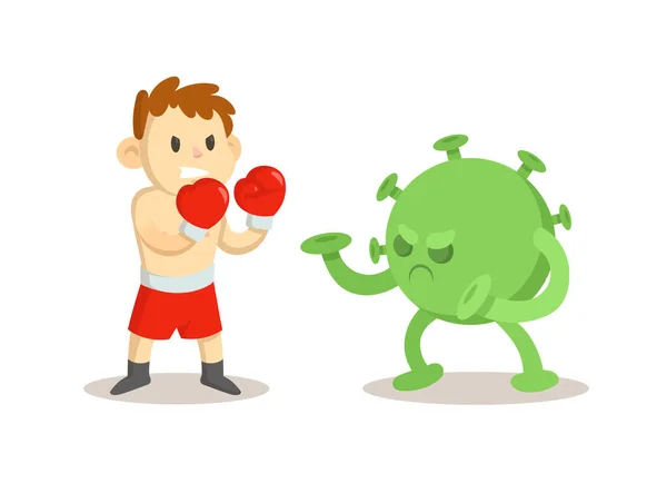 En boxare slåss med ett virus covid-19. Sport och en hälsosam livsstil mot coronavirus pandemin. Tecknad vektor illustration, isolerad på vit. — Stock vektor