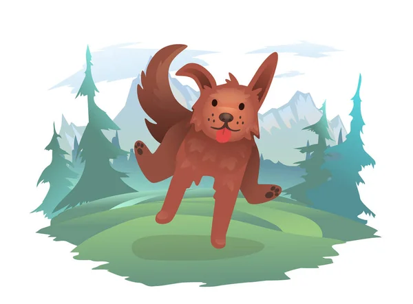 Un perro feliz en un césped del bosque. Paisaje de montaña en el fondo. Ilustración vectorial, aislada en blanco. — Vector de stock