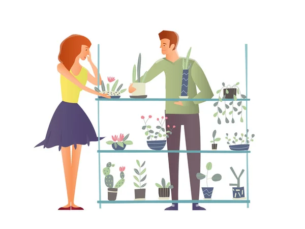 Ung man och kvinna tar hand om krukväxter. Sköta inomhusväxter, hobby. En blomsterhandlare och en kund i en blomsteraffär. Vektorillustration. — Stock vektor