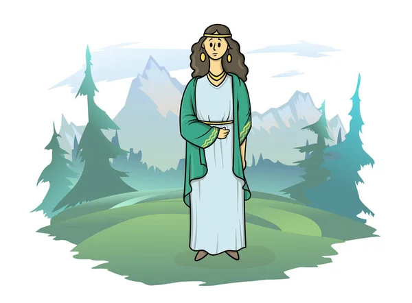 Una mujer en ropa antigua en el fondo de un bosque y un paisaje de montaña. Ilustración vectorial, aislada en blanco. — Vector de stock