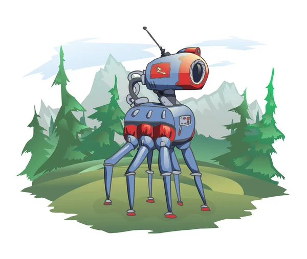 Un robot de seis patas se levanta contra el fondo de un paisaje montañoso. Un animal robótico en la naturaleza salvaje, una trama post-apocalíptica. Ilustración vectorial, aislada en blanco. — Vector de stock