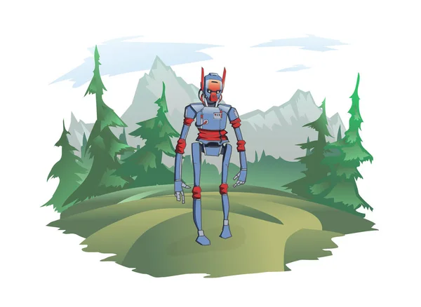 Un robot humanoide se levanta sobre el fondo de un paisaje montañoso. Android en la naturaleza salvaje, una trama post-apocalíptica. Ilustración vectorial, aislada en blanco. — Vector de stock