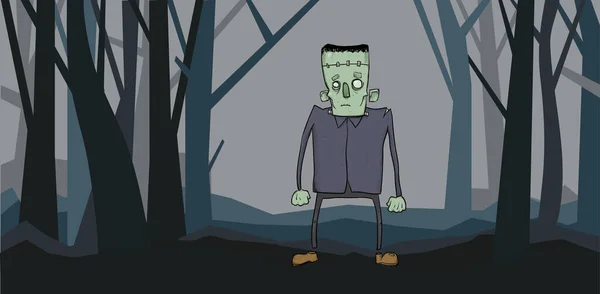 Un uomo morto nella foresta notturna. Uno zombie tra gli alberi. Illustrazione vettoriale Halloween. — Vettoriale Stock