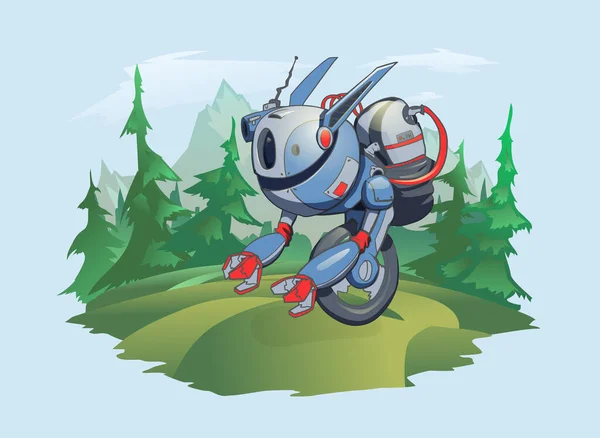 Un robot de una rueda sobre el fondo de un paisaje montañoso. Una criatura robótica en la naturaleza salvaje, una trama post-apocalíptica. Ilustración vectorial, aislada en azul. — Archivo Imágenes Vectoriales