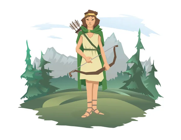 Una mujer con un arco y una flecha de pie sobre el fondo de un bosque y un paisaje de montaña. Cazadora o diosa de la caza de Artemisa. Ilustración vectorial aislada en blanco. — Vector de stock