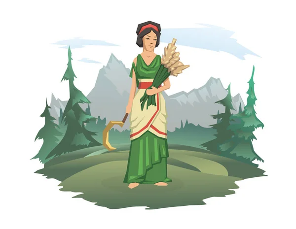 Una mujer con ropa antigua con una hoz y espigas de trigo. Bosque y paisaje de montaña en el fondo. La diosa de la fertilidad, Deméter o Ceres. Ilustración vectorial aislada en blanco. — Archivo Imágenes Vectoriales