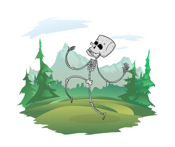Ευτυχισμένος σκελετός που χορεύει στη φύση. Δάσος και ορεινό τοπίο στο παρασκήνιο. Εικονογράφηση διανύσματος απομονωμένη σε λευκό. — Διανυσματικό Αρχείο