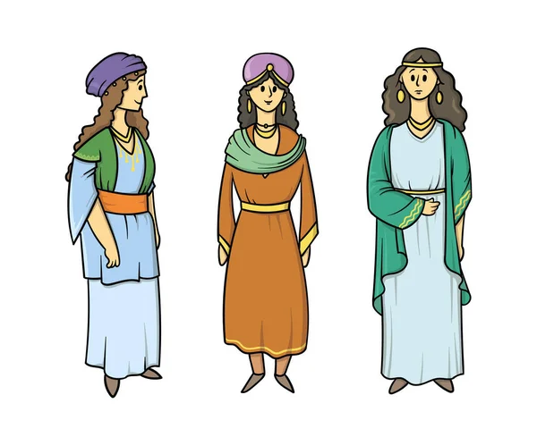 Tres mujeres con ropa antigua. Ilustración vectorial aislada en blanco. — Archivo Imágenes Vectoriales