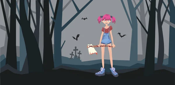 Una chica malvada con un hacha en un cementerio en un bosque oscuro. Helloween, ilustración vectorial. — Vector de stock