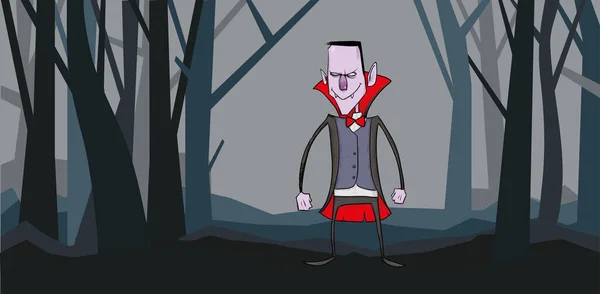 Un personaggio vampiro in una foresta buia. Illustrazione vettoriale Halloween. — Vettoriale Stock