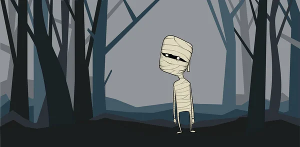 Una mummia in piedi nella foresta notturna. Uno zombie avvolto in bende tra gli alberi. Illustrazione vettoriale Halloween. — Vettoriale Stock