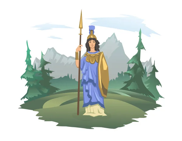 Athena, ancient Greek goddess of Wisdom, War, and Useful Arts. Ancient Greece mythology. Forest and mountain landscape in the background. Vector illustration isolated on white. — Stock Vector