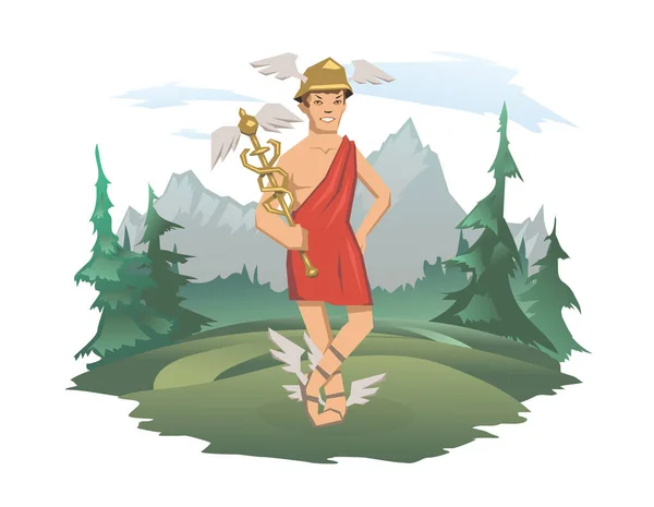 Hermes, antiguo dios griego de Carreteras, Viajeros, Comerciantes y Ladrones, mensajero de los dioses. Mitología de la Antigua Grecia. Paisaje de montaña en el fondo. Ilustración vectorial aislada en blanco. — Vector de stock