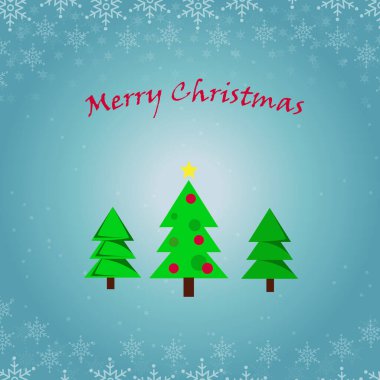 Mutlu Noeller ve tebrik kartları ve afişler için Mutlu Yıllar vektör tasarımı. Kış manzaralı, kar taneli, mavi arka planda Noel ağaçları olan mutlu Noeller. Vektör illüstrasyonu.