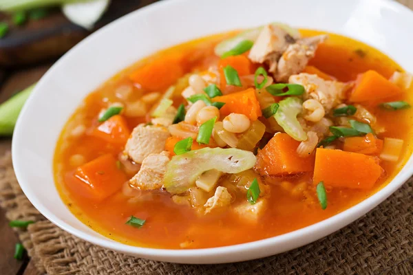 Томатный куриный суп с тыквой — стоковое фото
