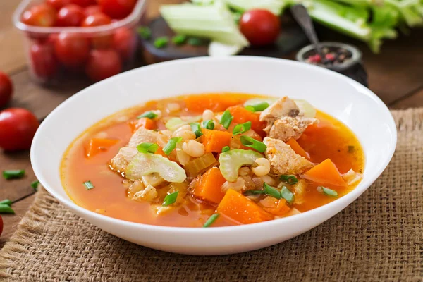 Томатный куриный суп с тыквой — стоковое фото