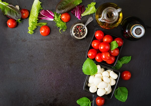 食材のカプレーゼのサラダ トマトとモッツァレラチーズ — ストック写真