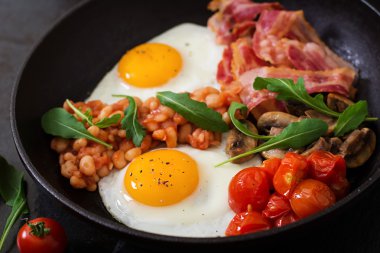 İngiliz kahvaltısı - kızarmış yumurta, fasulye, domates, mantar, pastırma ve tost.