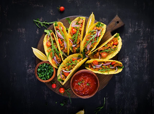 Taco Tacos Mexicains Avec Viande Bœuf Maïs Salsa Cuisine Mexicaine — Photo