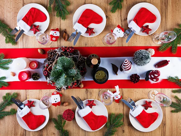 Традиционная Посуда Рождественском Столе Плоский Лежал Вид Сверху — стоковое фото
