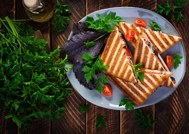 Jambon, domates, peynir ve yaprak hardallı ızgara sandviç sandviçi. Lezzetli kahvaltı ya da atıştırmalık. Üst görünüm, kopyalama alanı, genel giderler