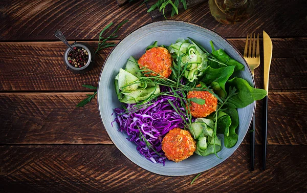 Keto Ketogenic Food Chicken Meatballs Salad Wooden Background Dinner Buddha — Stock Photo, Image