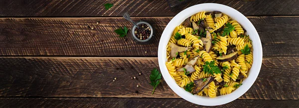 Fusilli Pasta Gluten Free Forest Mushrooms White Plate Vegetarian Vegan — Stock Photo, Image