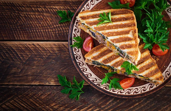 Clubul Grătar Panini Sandwich Castel Roșii Brânză Muștar Frunze Micul — Fotografie, imagine de stoc