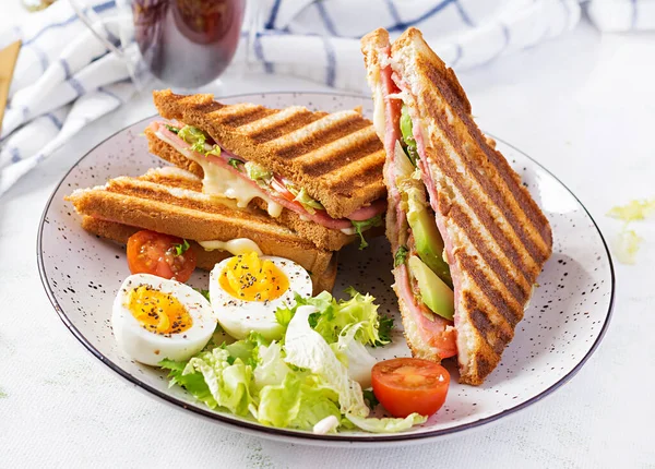 Grilled Club Sandwich Panini Ham Tomato Cheese Avocado Cup Coffee — Stock Photo, Image
