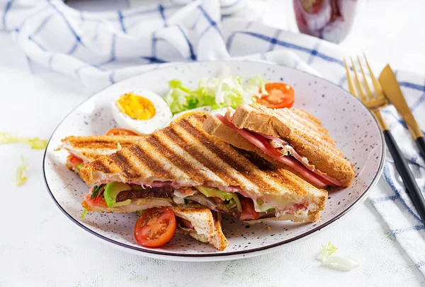 Grilled Club Sandwich Panini Ham Tomato Cheese Avocado Cup Coffee — Zdjęcie stockowe