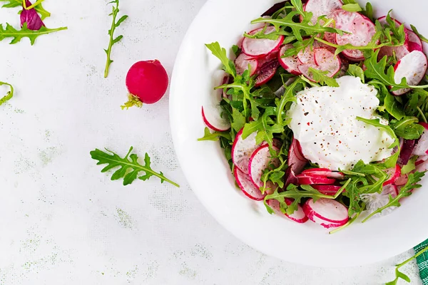 Vegetarian Vegetable Salad Radish Arugula Sour Cream Healthy Vegan Food — Stock Photo, Image
