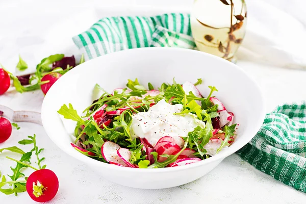 Vegetarian Vegetable Salad Radish Arugula Sour Cream Healthy Vegan Food — Stock Photo, Image