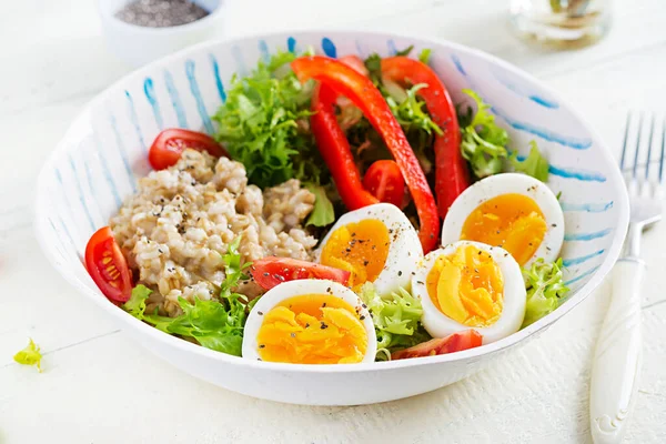 Breakfast Oatmeal Porridge Green Herbs Boiled Egg Tomatoes Paprika Healthy — Stock Photo, Image