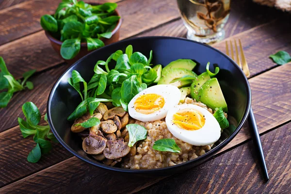 Breakfast Oatmeal Porridge Boiled Egg Avocado Fried Mushrooms Healthy Balanced — Stock Photo, Image