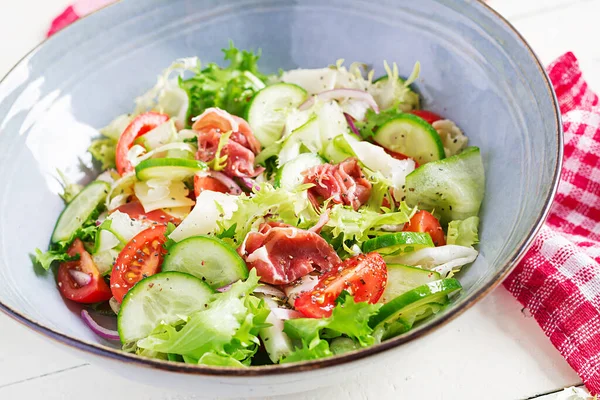 Ketogenic Salad Prosciutto Tomatoes Cucumber Lettuce Red Onion Cheese Bowl — Stock Photo, Image
