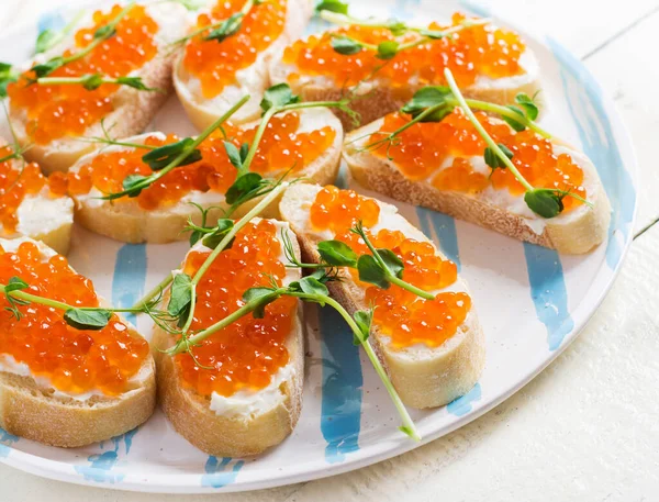 Canape Salmon Red Caviar Sandwich Lunch Delicious Food — Stock Photo, Image