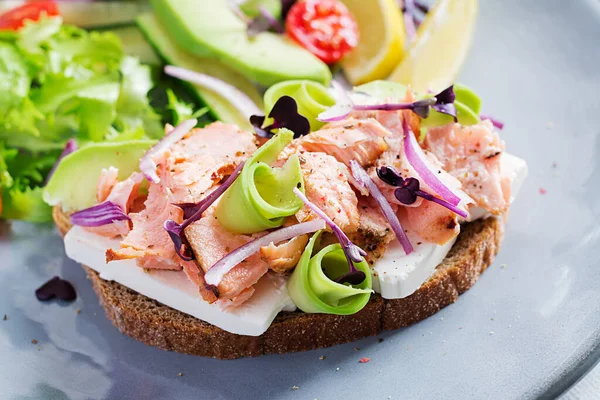 Sanduíche Com Salmão Assado Tapas Sanduíche Com Salmão Queijo Feta — Fotografia de Stock