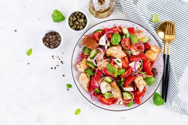 Geleneksel İtalyan domates salatası panzanella mozzarella, kapari, kırmızı soğan ve kızarmış ekmek. Yaz salatası. Üst manzara, düz uzanma