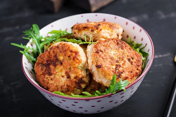 Healthy Dinner Chicken Cutlets Bowl Dark Background — Stock Photo, Image