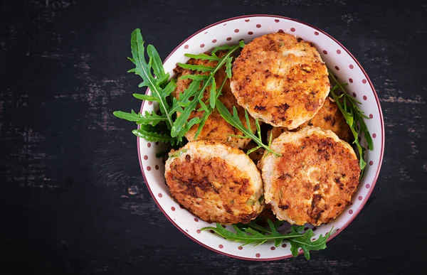 Healthy Dinner Chicken Cutlets Bowl Dark Background Top View Flat — Stock Photo, Image